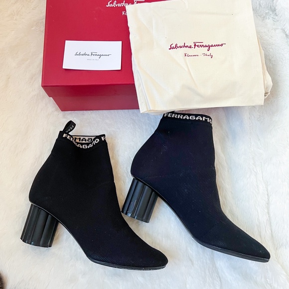 Salvatore Ferragamo | Capo 55 5cm Black Fabric Sock Ankle Boots Logo Flower Heel - Picture 1 of 17